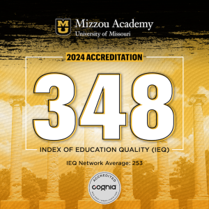 Informational Graphic showing Mizzou Academy scored 348 on the Cognia Index of Education Quality. The average score is 253.